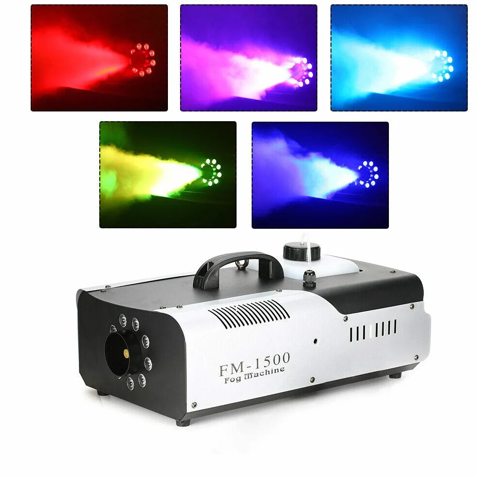 Fogger mini generator dymu LED | element grzejny 1500 W | bezprzewodowy pilot zdalnego sterowania | wyrzut 18000-25000 cu.ft/min | obudowa z blachy stalowej | pojemność zbiornika 2 l