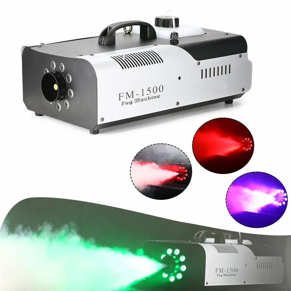 Fogger mini generator dymu LED | element grzejny 1500 W | bezprzewodowy pilot zdalnego sterowania | wyrzut 18000-25000 cu.ft/min | obudowa z blachy stalowej | pojemność zbiornika 2 l