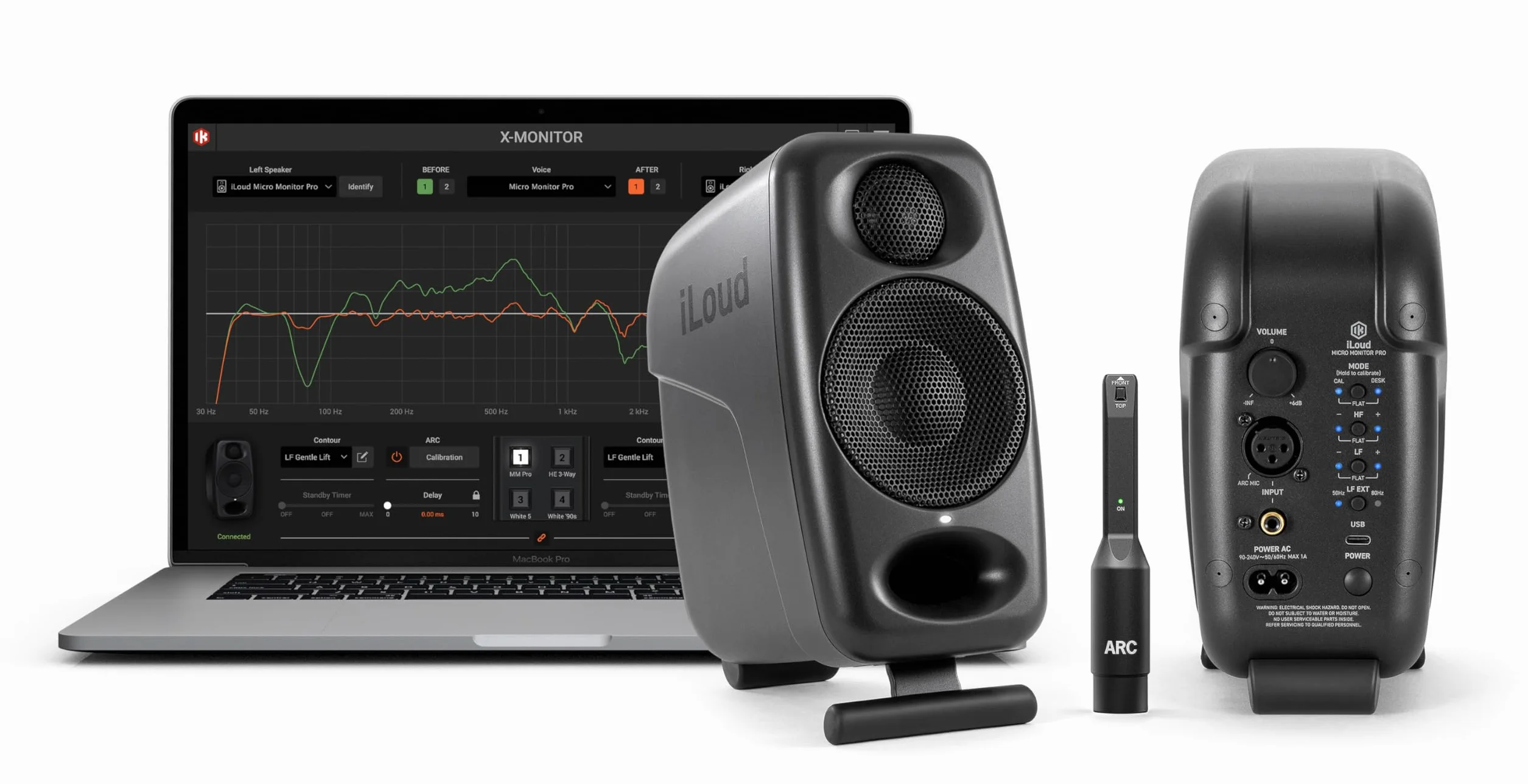 IK Multimedia iLoud Micro Monitor Pro - Pair - 2-Way bi-amped, highly portable, digitally controlled compact reference studio monitors. X-MONITOR. Incl. ARC calibration mic. Black.