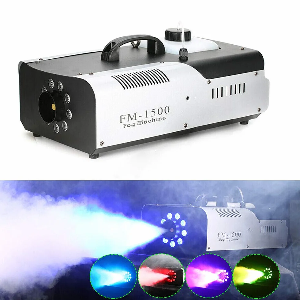 Fogger mini generator dymu LED | element grzejny 1500 W | bezprzewodowy pilot zdalnego sterowania | wyrzut 18000-25000 cu.ft/min | obudowa z blachy stalowej | pojemność zbiornika 2 l