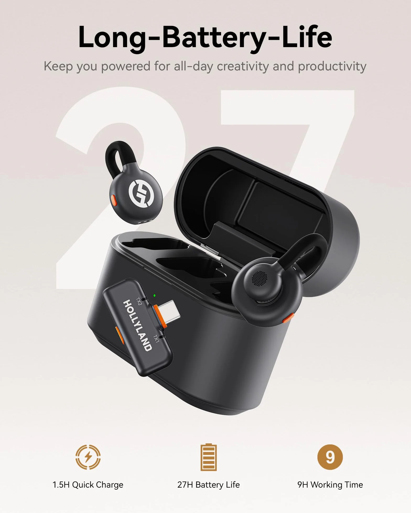 Mikrofon bezprzewodowy Hollyland Lark M2S z złączem USB-C do iPhone'a 15/16 i Androida, klips tytanowy, Plug and Play, redukcja szumów, zasięg 300 m, 27 godzin pracy baterii do vlogowania