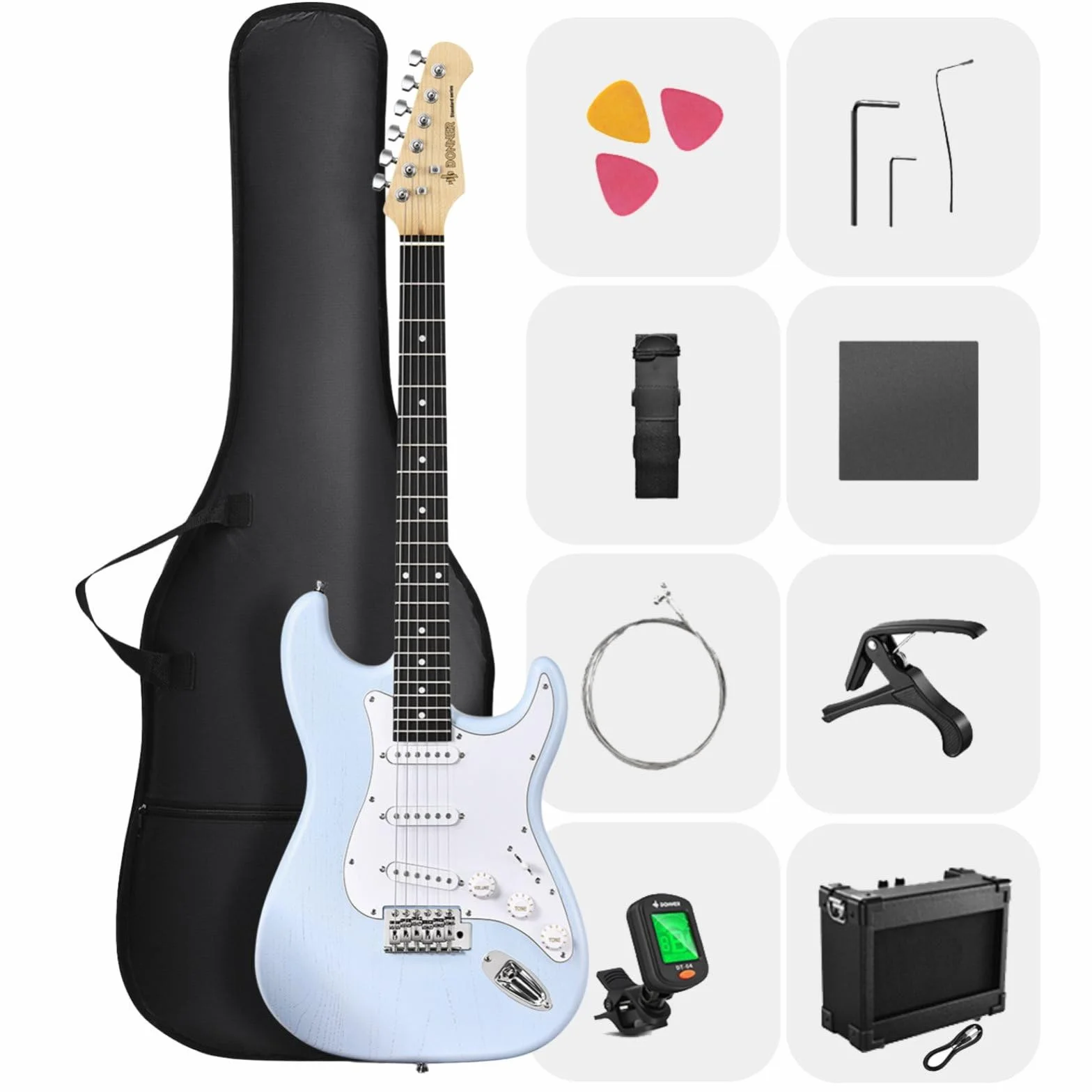DONNER DST-80 gitara elektryczna 39 cali zestaw do gitary elektrycznej dla początkujących ze wzmacniaczem, klasyczny przetwornik SSS w komplecie z torbą koncertową, tunerem, kapo, paskiem, kostkami i