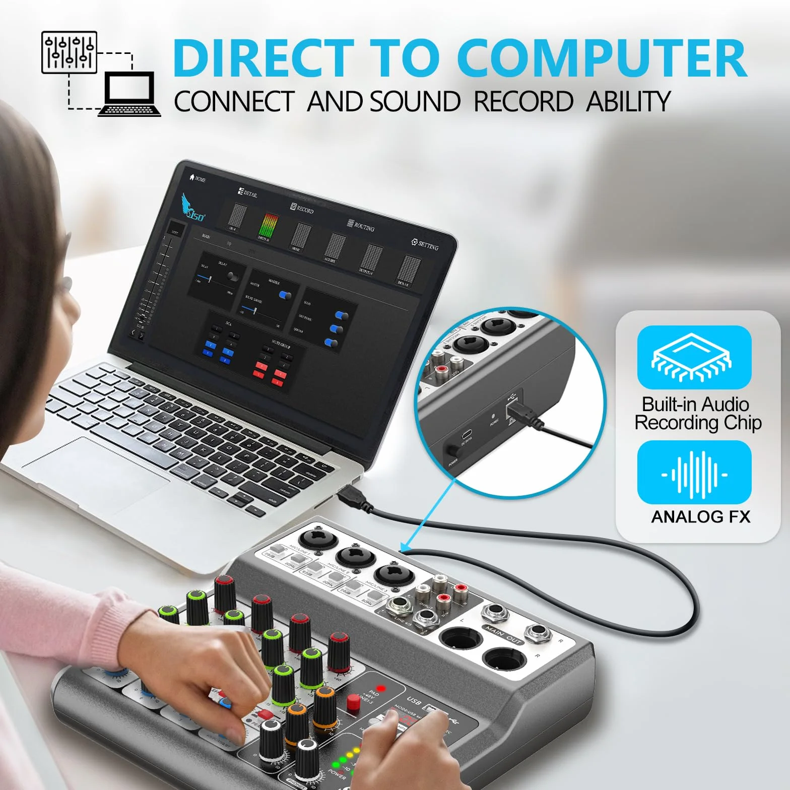 Aveek 5-kanałowy mikser audio, konsola miksująca z efektem opóźnienia pogłosu USB Bluetooth, wejście 48 V Phantom Power Stereo DJ miksery do nagrywania, transmisji na żywo, podcastów, karaoke