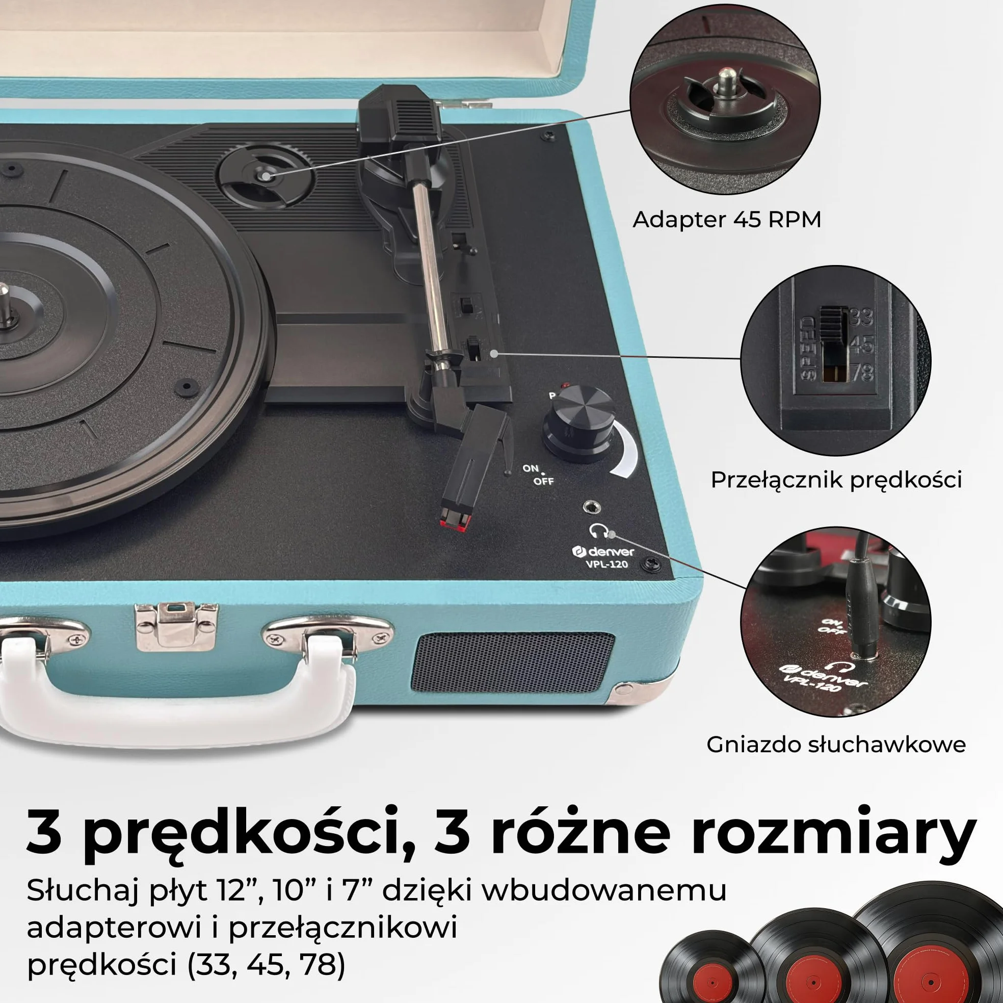 Denver VPL-120BU gramofon w stylu retro, niebieski, z głośnikiem, odtwarzacz winylowy USB, automatyczne zatrzymanie, walizka do nagrywania, odtwarzacz rekordów do digitalizacji