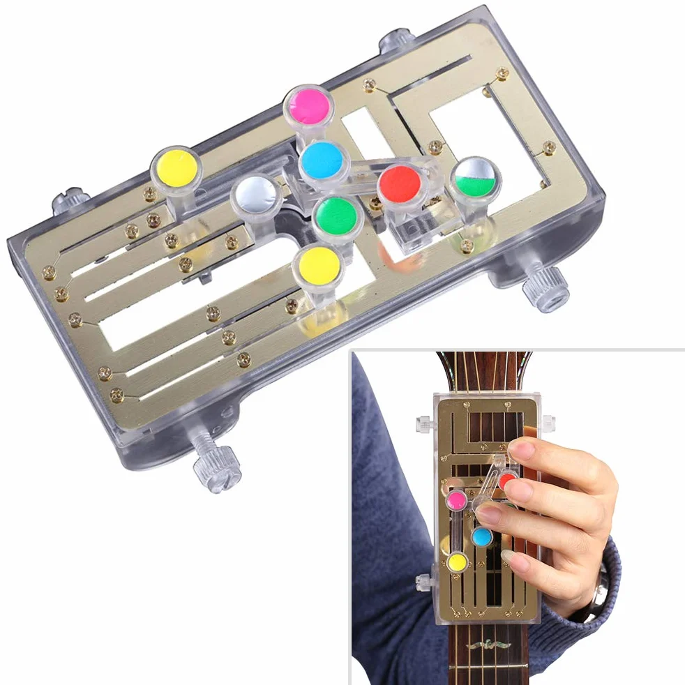 Chord Buddy system uczenia się gitary, wystarczy nacisnąć przyciski i grać na gitarze, system uczenia się gitary Clip-on chromatyczny stroik z 6 uniwersalnymi akordami