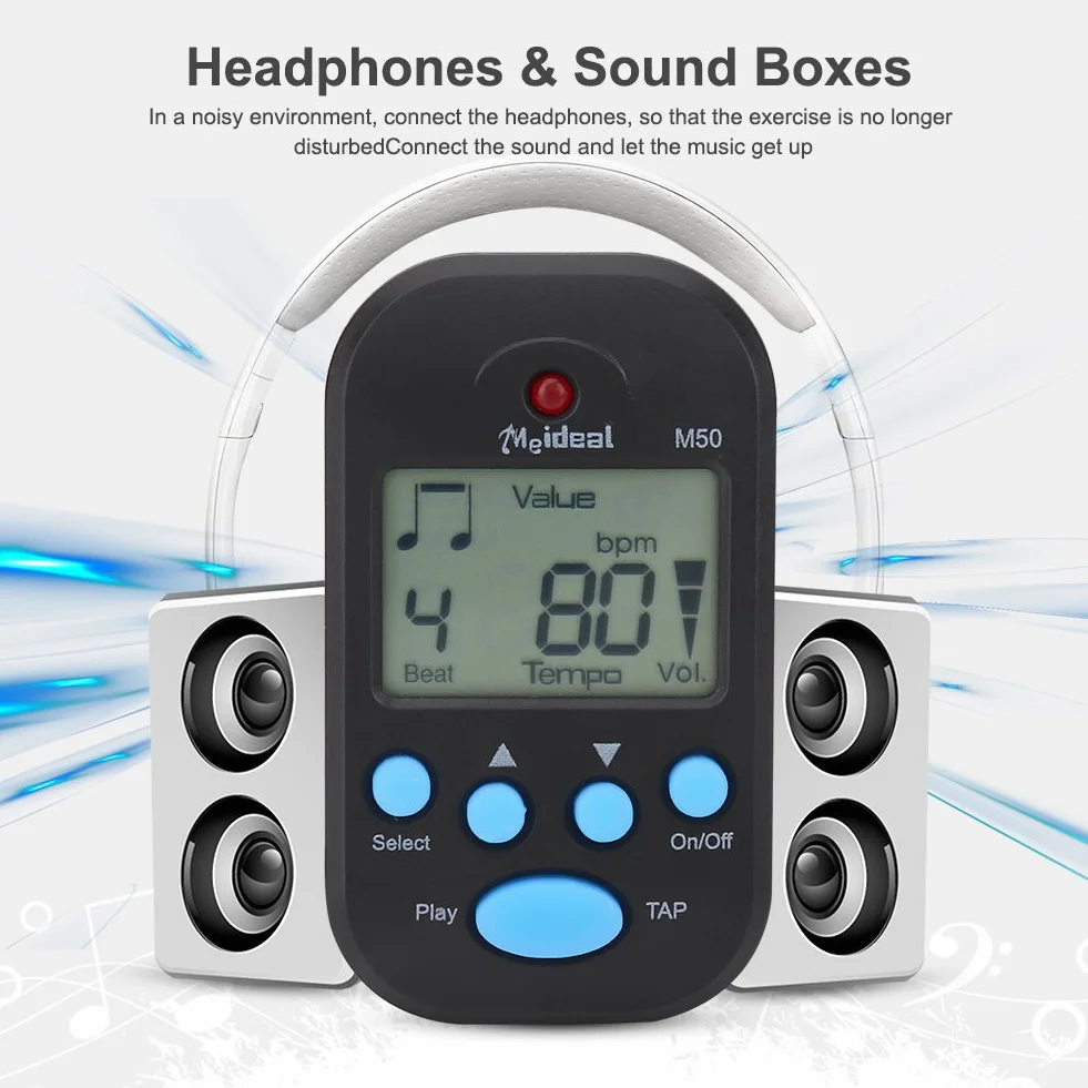 RiToEasysports Mini metronom cyfrowy, Beat Tap M50 przenośny klip na klips metronom instrumenty muzyczne z podwójnym wyjściem słuchawkowym (czarny)