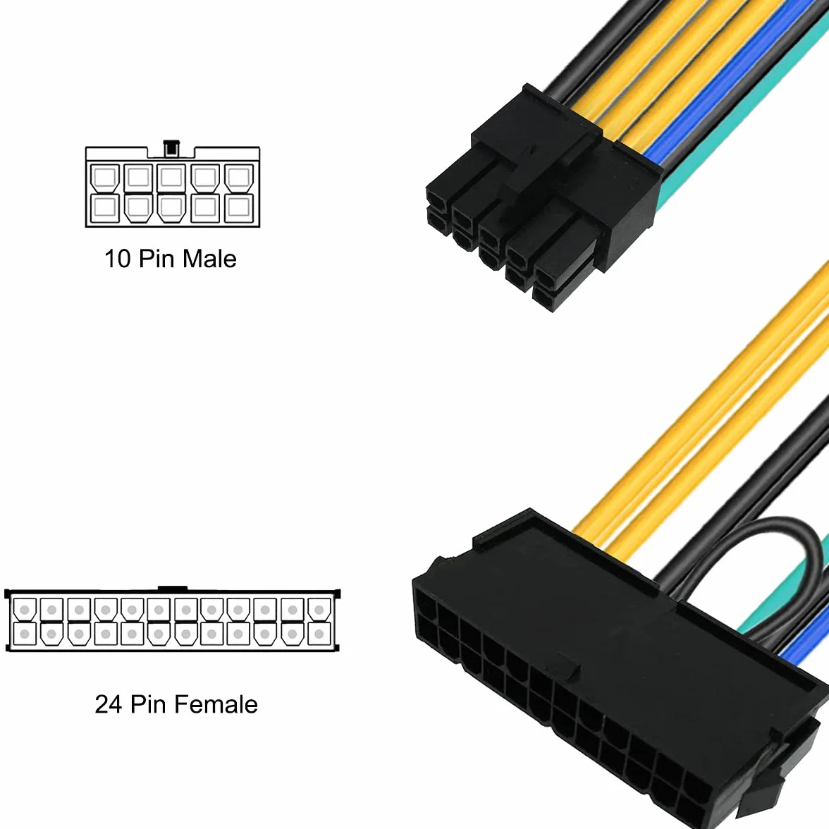 Xiatiaosann 24-pinowy na 10-pinowy kabel zasilający ATX, 24-pinowy żeński do 10-pinowego męskiego złącza zasilacza ATX do płyty głównej Lenovo IBM, 2 szt., 13 cm 5 cali