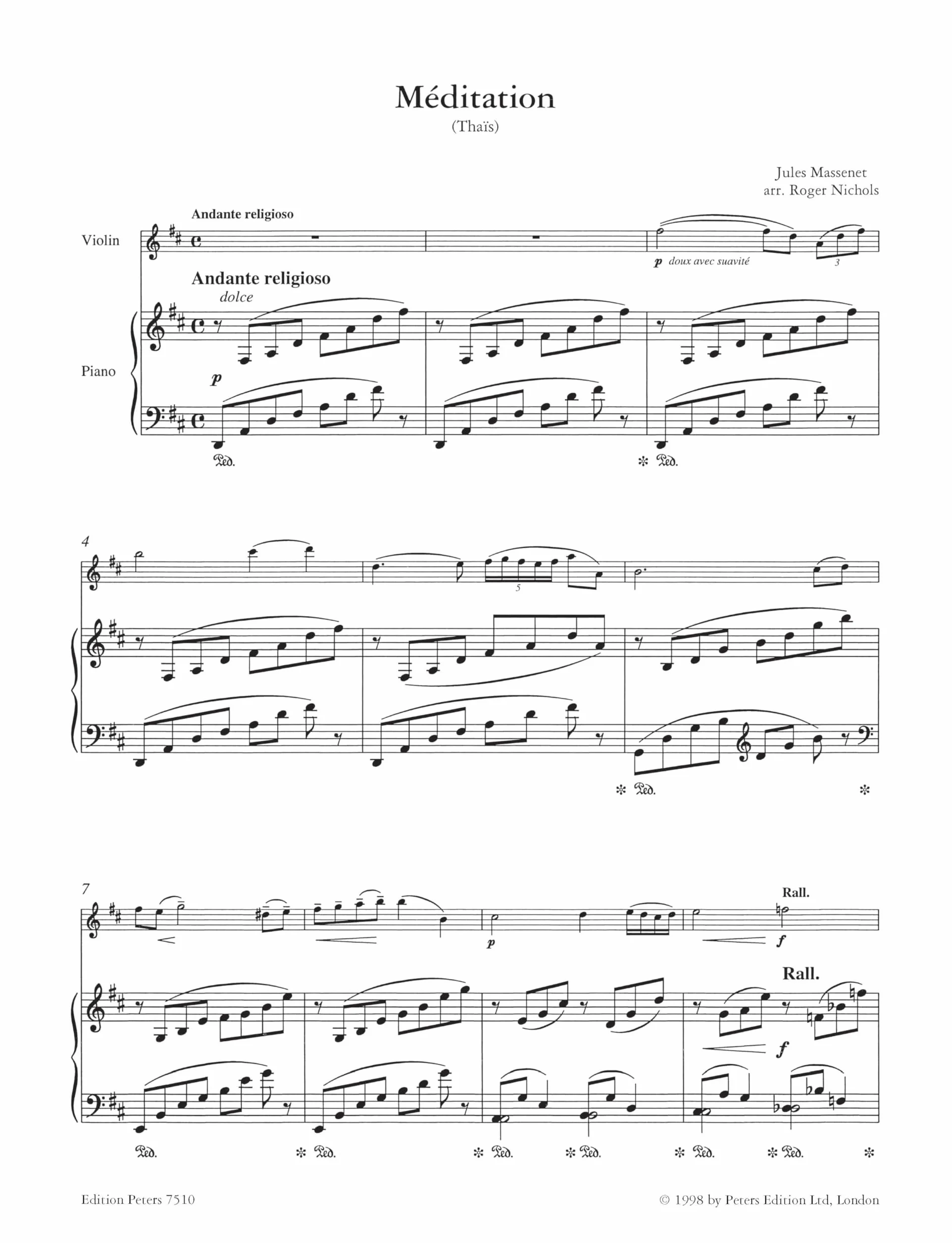 Meditation from "thais" violon: aus der Oper "Thaïs" - Bearbeitung für Violine und Klavier