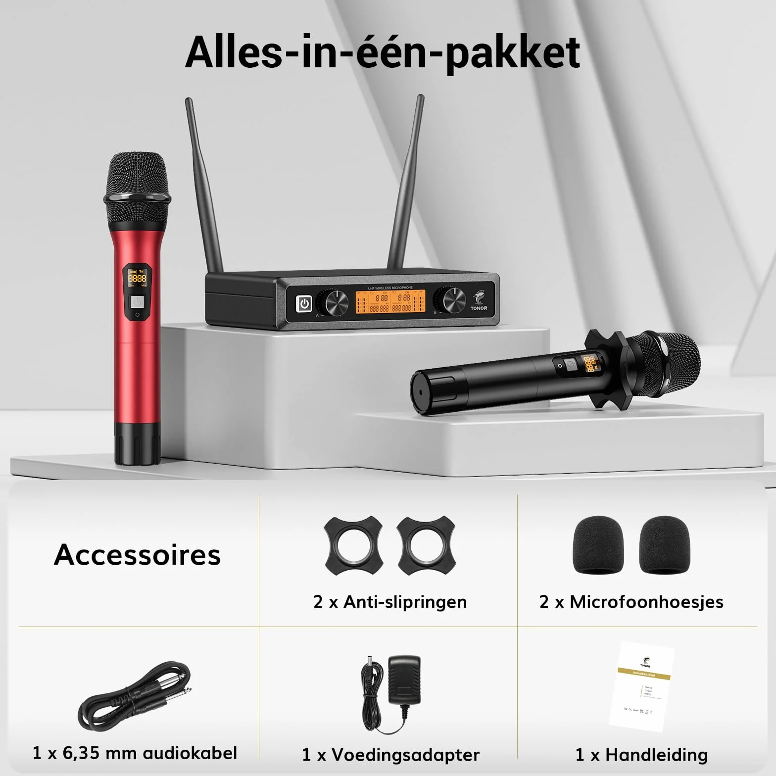 TONOR bezprzewodowy mikrofon UHF, profesjonalny, dynamiczny, podwójny mikrofon, ręczny system mikrofonowy, zestaw KTV, do karaoke, na imprezę, dla DJ, do kościoła, 60 m, TW820, Czarny i Czerwony