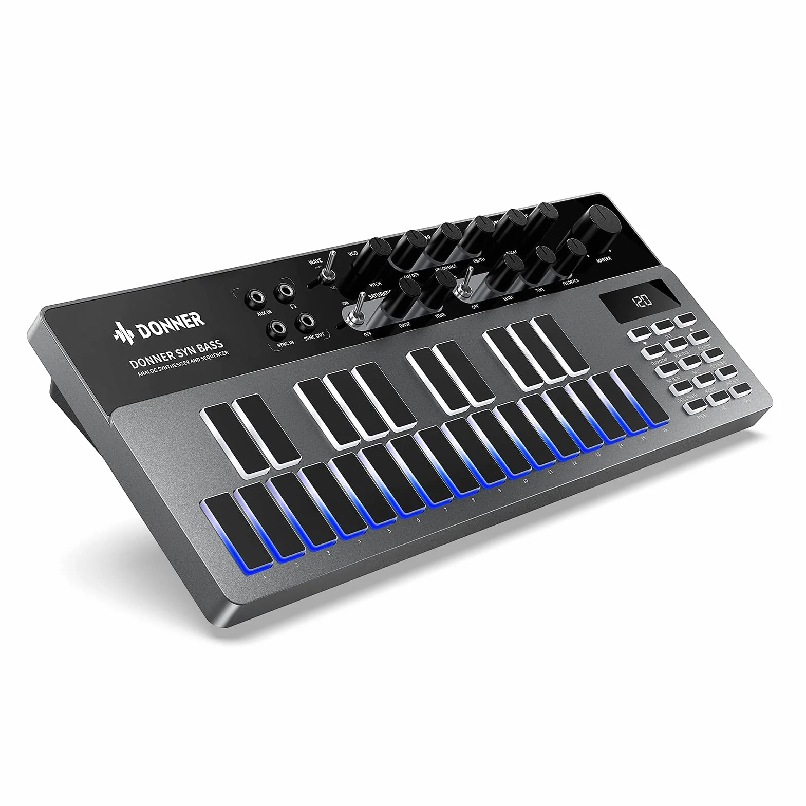 Analogowy syntezator basowy i sekwencer, Donner Essential B1 z intuicyjnym interfejsem użytkownika, 128 pamięci wzorców, efekty nasycenia i opóźnienia, idealny do klasycznego dźwięku kwasowego