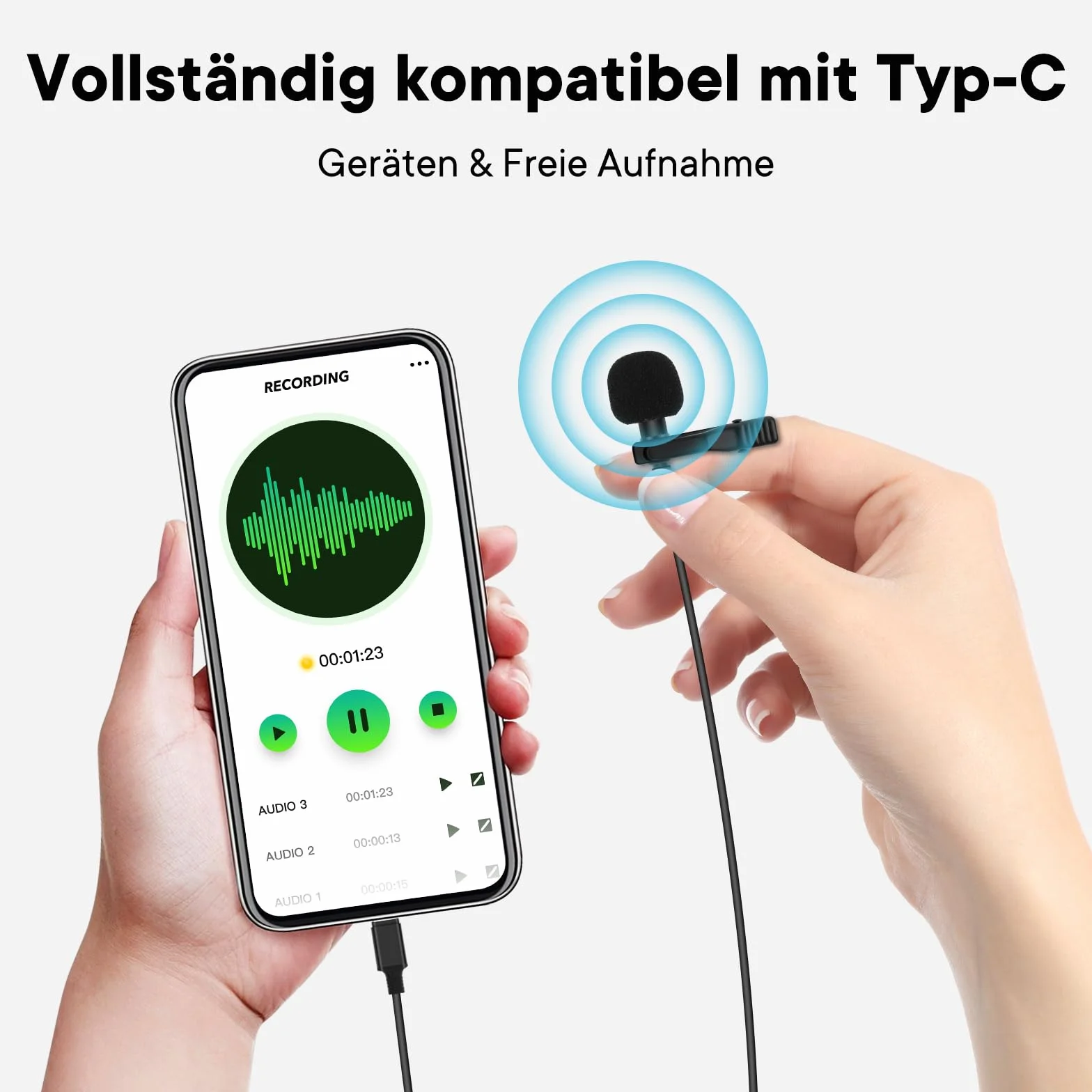 AGPTEK mikrofon lavalier typu C do iPhone'a 15, 2 m, klips i futerek przedniej szyby, mini wielokierunkowy mikrofon do laptopów z systemem Android, Macbook
