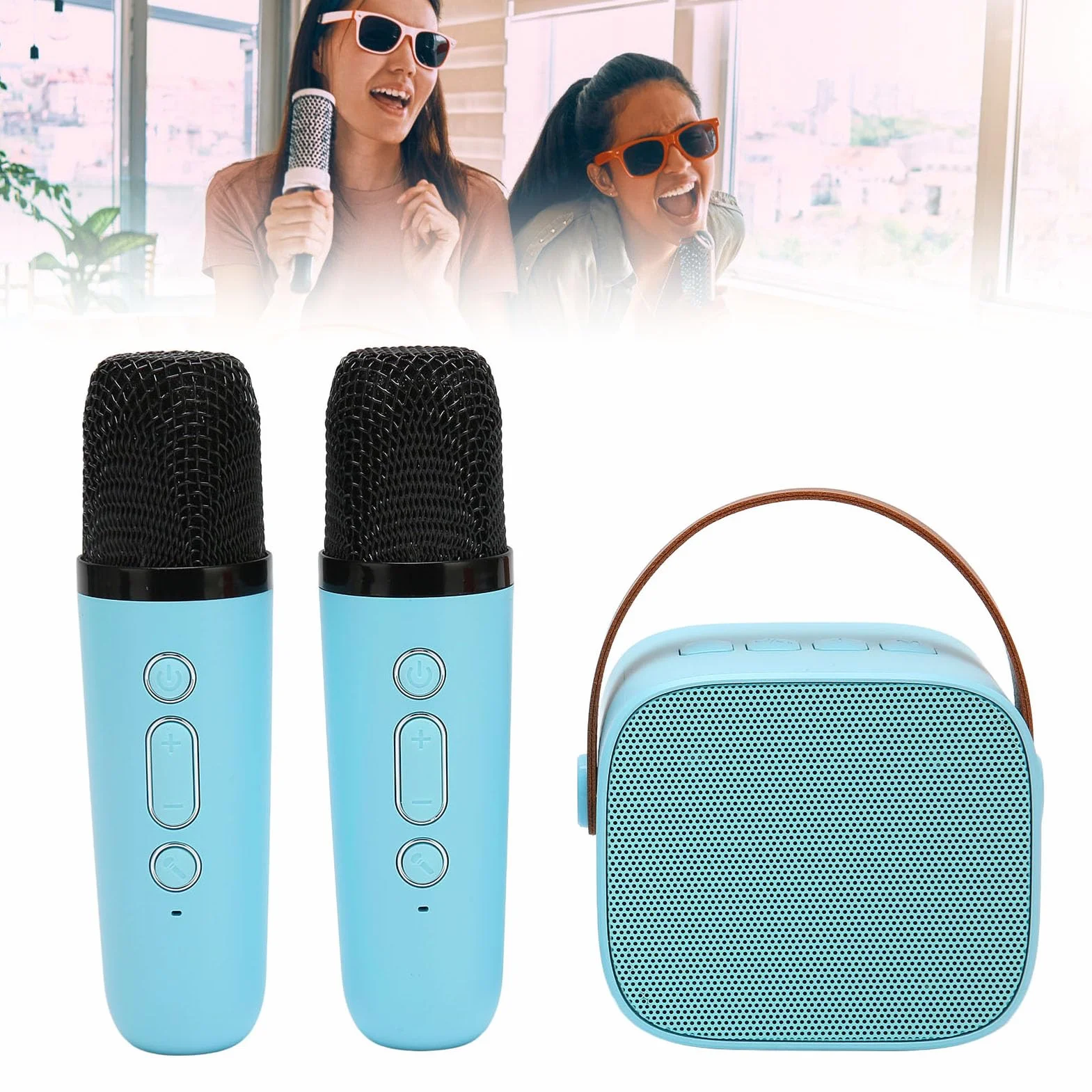 Maszyna do Karaoke, Wielofunkcyjny Dźwięk Stereo Przenośny Głośnik Bluetooth5.3, Mini Maszyna do Karaoke z 2 Mikrofonami Bezprzewodowymi do Domu, Imprezy, KTV (Niebieski)