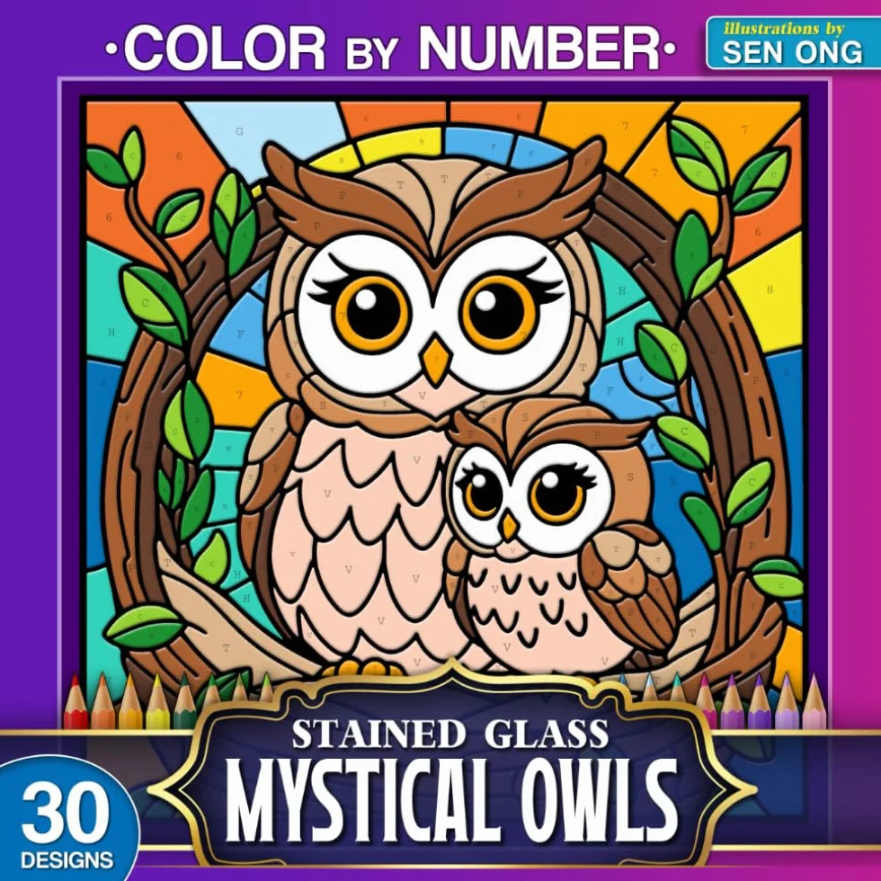 Mystical Owl Stained Glass Color by Number: 30 Enchanting and Magical Owl Scenes for Relaxation
