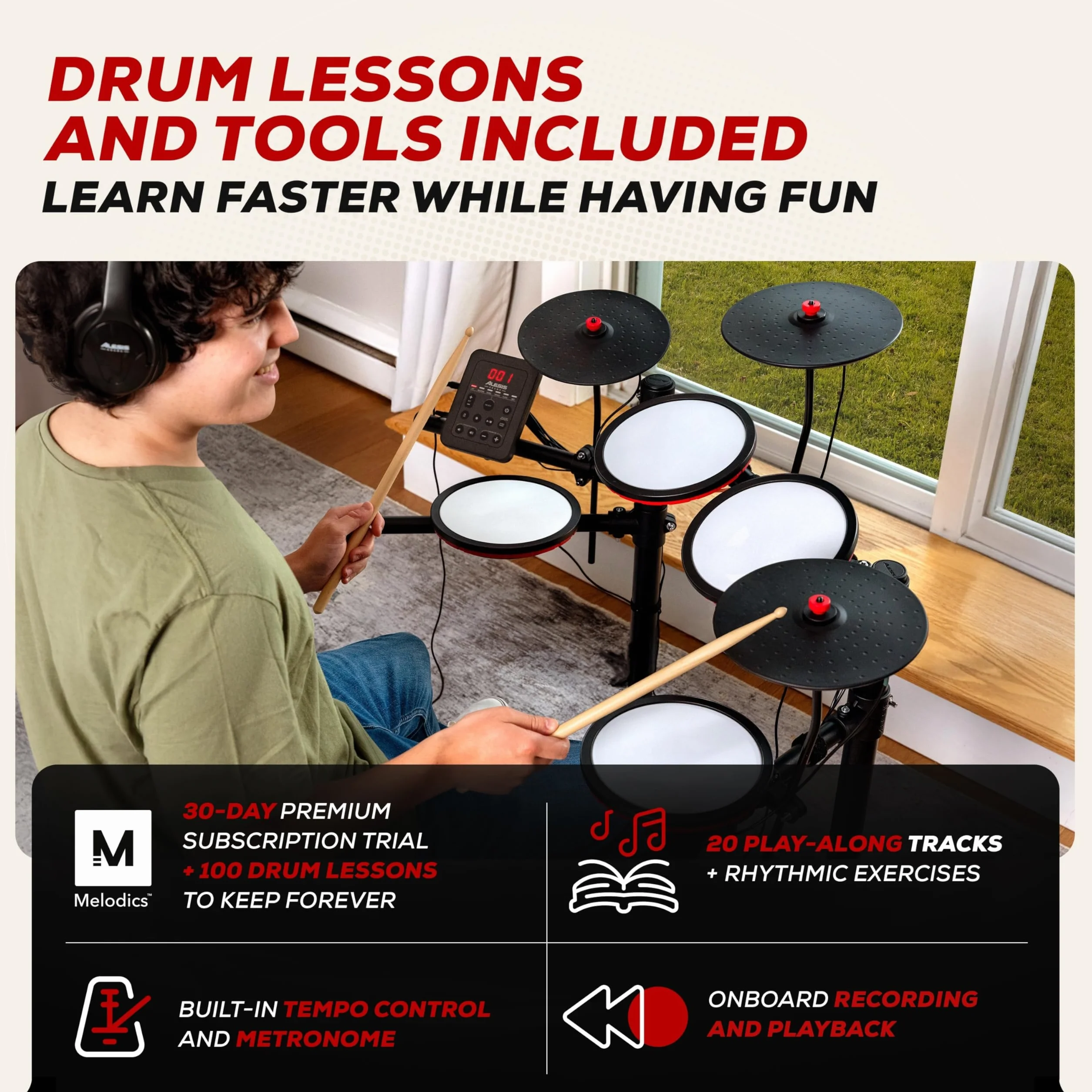 Alesis Turbo Max - Składana perkusja elektroniczna z cichymi padami siatkowymi 8”, lekcjami, Bluetooth i akcesoriami