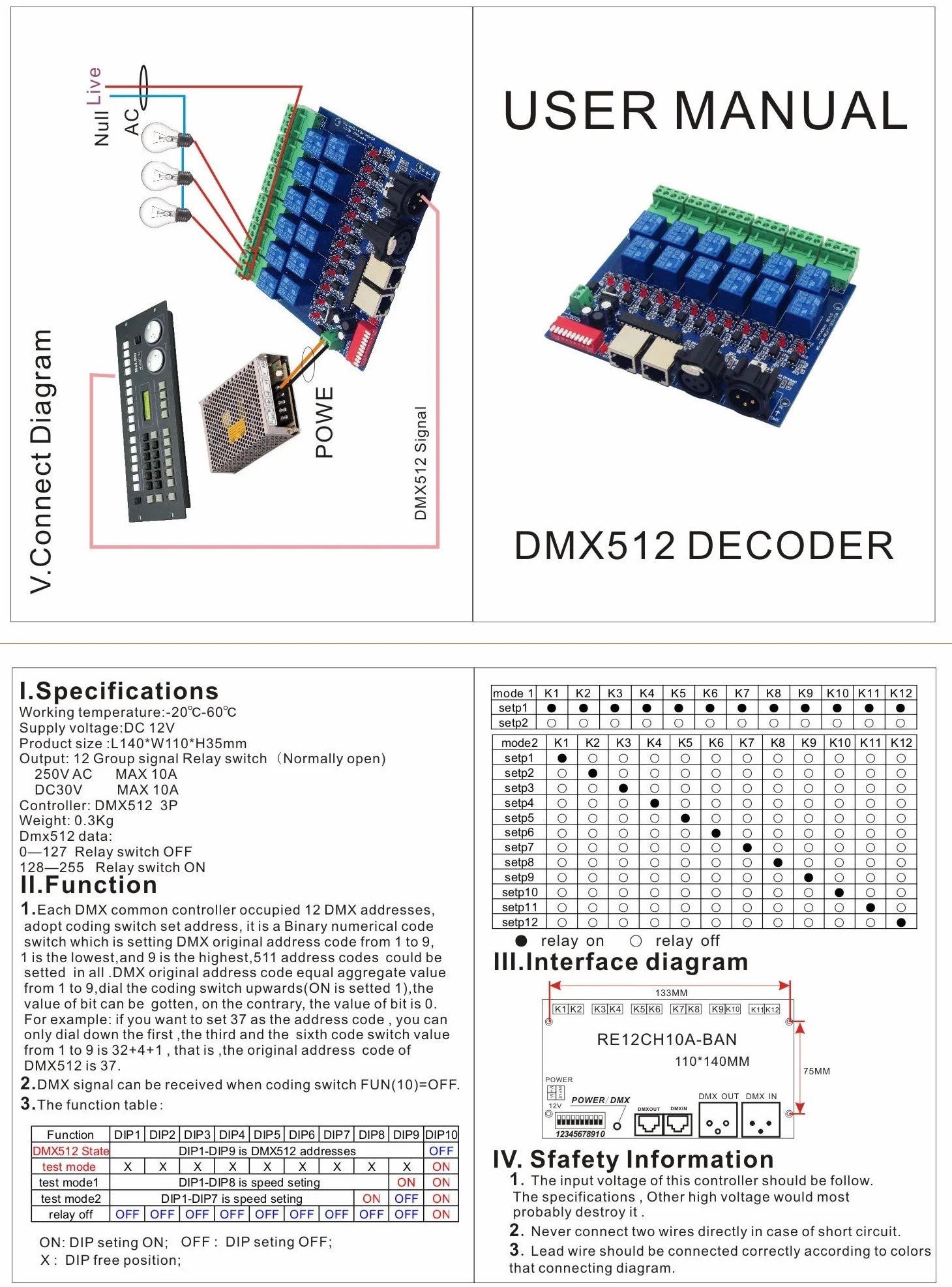 12-kanałowy 10A DMX512 Converter Relay Switch Converter DMX ściemniacz 12CH sterowanie przekaźnikiem