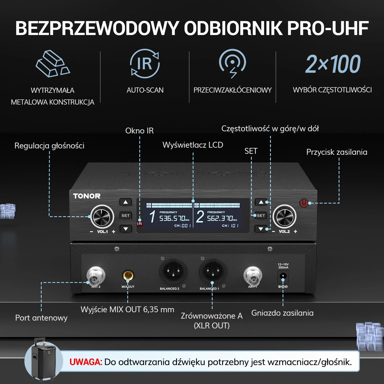 Profesjonalny system mikrofonów bezprzewodowych TONOR, regulacja częstotliwości 100x2 UHF, automatyczne skanowanie i parowanie IR, bezprzewodowy mikrofon 100 m do karaoke, śpiewu, na wesele TW750
