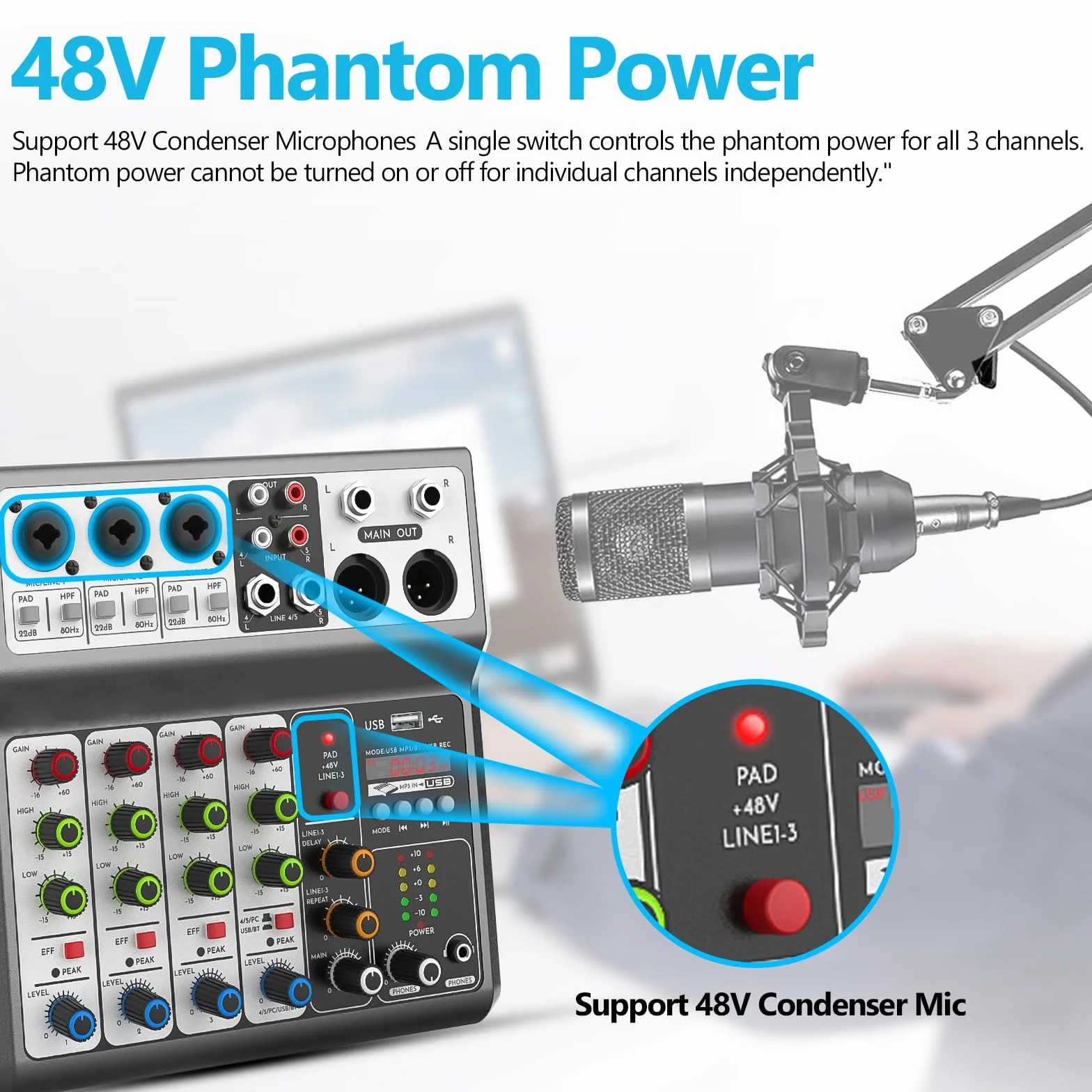 Aveek 5-kanałowy mikser audio, konsola miksująca z efektem opóźnienia pogłosu USB Bluetooth, wejście 48 V Phantom Power Stereo DJ miksery do nagrywania, transmisji na żywo, podcastów, karaoke