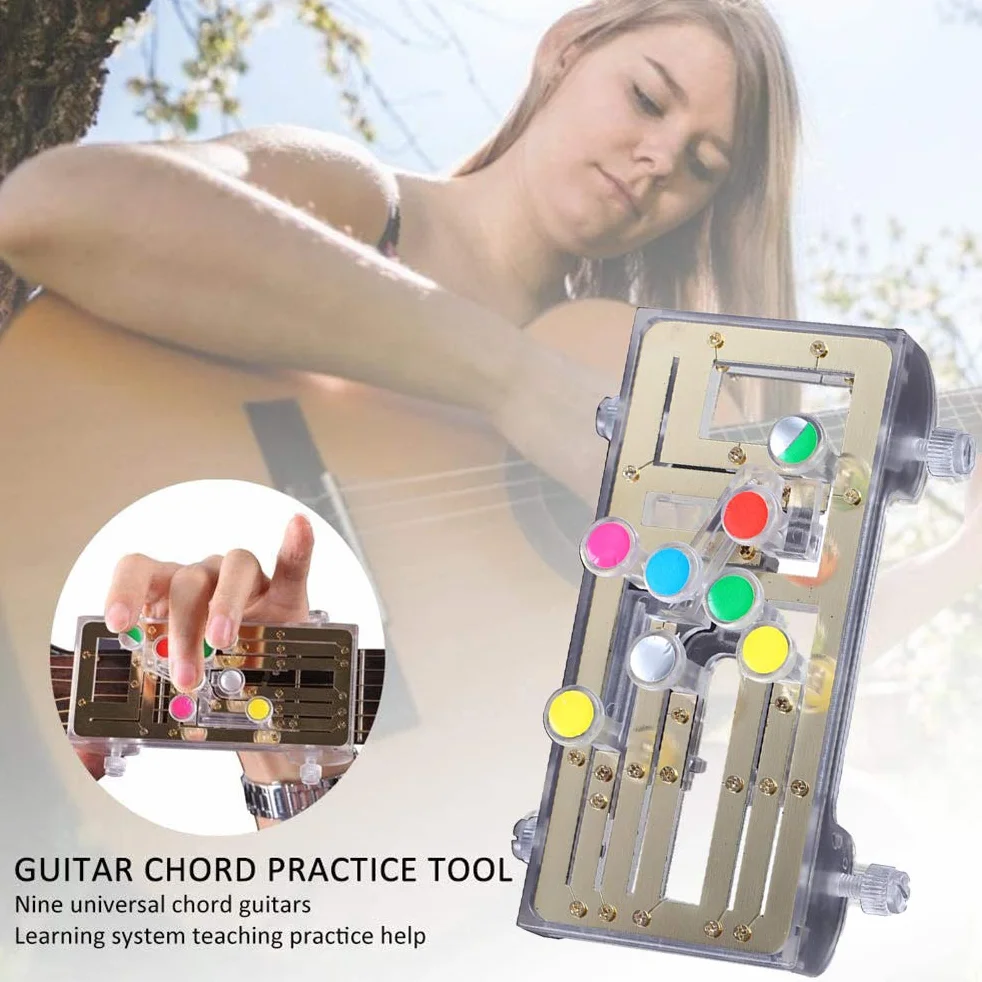 Chord Buddy system uczenia się gitary, wystarczy nacisnąć przyciski i grać na gitarze, system uczenia się gitary Clip-on chromatyczny stroik z 6 uniwersalnymi akordami