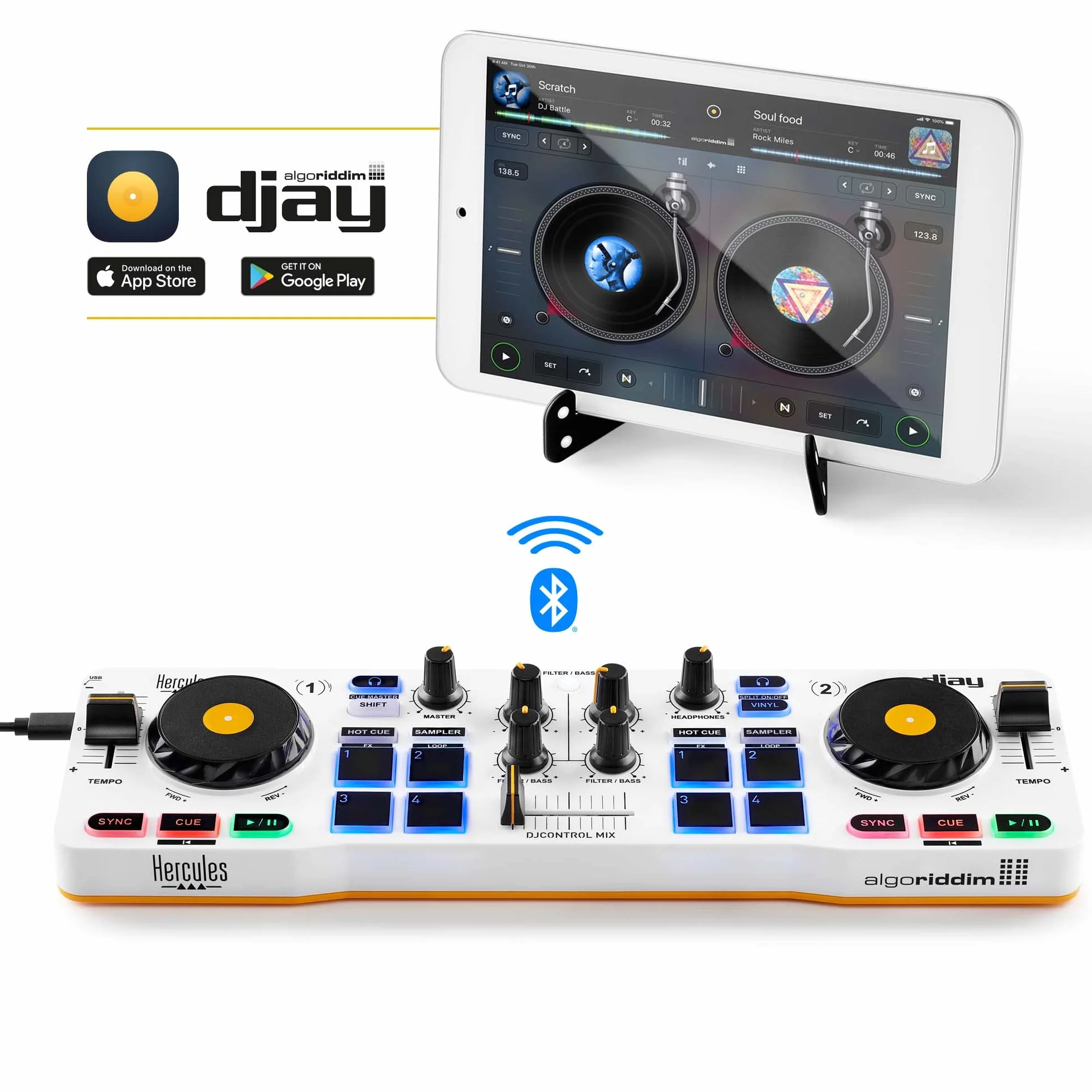 Hercules DJControl Mix – Bezprzewodowy kontroler DJ Bluetooth do smartfonów, kompatybilny z aplikacją djay, 2-kanałowy