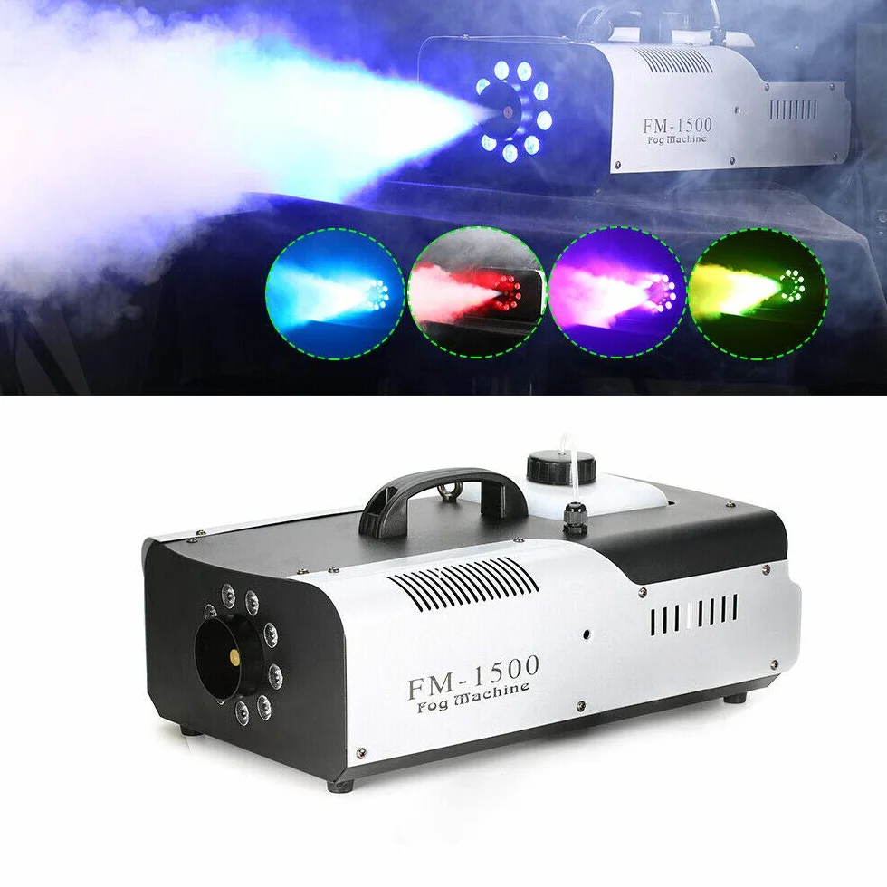 Fogger mini generator dymu LED | element grzejny 1500 W | bezprzewodowy pilot zdalnego sterowania | wyrzut 18000-25000 cu.ft/min | obudowa z blachy stalowej | pojemność zbiornika 2 l