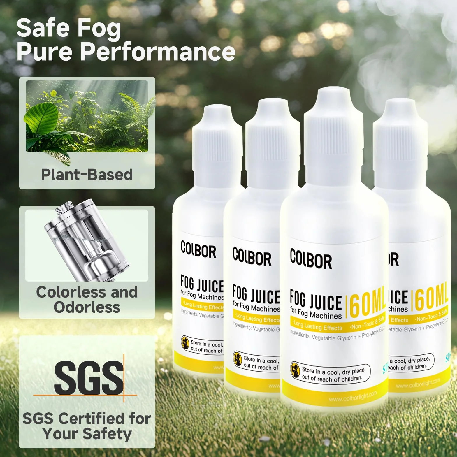 COLBOR Zestaw płynu do maszyn dymnych 4 szt., 60 ml* 4 Płyn mgły o wysokiej gęstości na bazie gliceryny roślinnej bez zapachu do maszyny dymnej COLBOR CF3/CF5