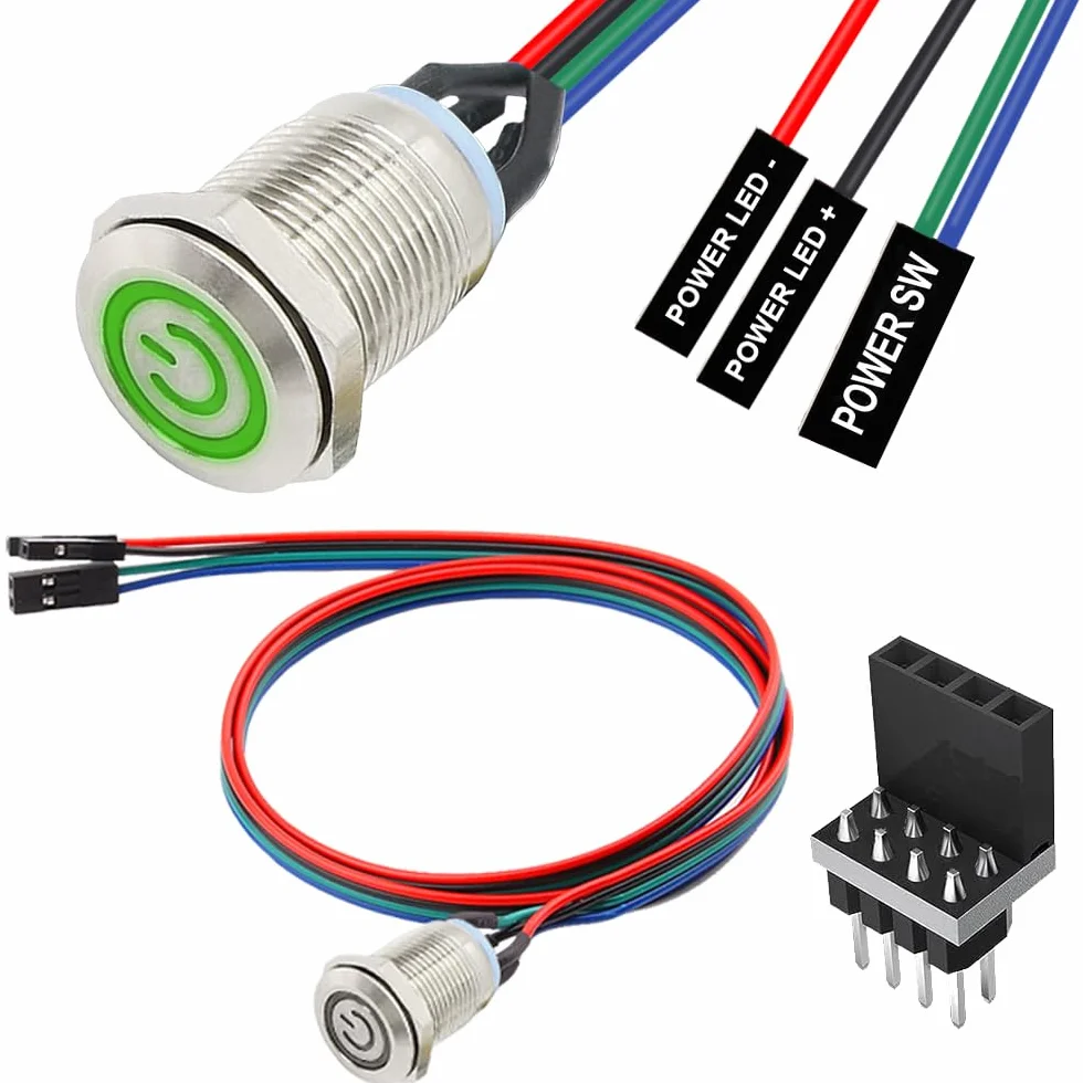 Xiatiaosann 12 mm metalowy kabel guzikowy przełącznik hosta z LED ON/OFF ATX Power Button 1 lub 2 rozdzielacze (zielony)
