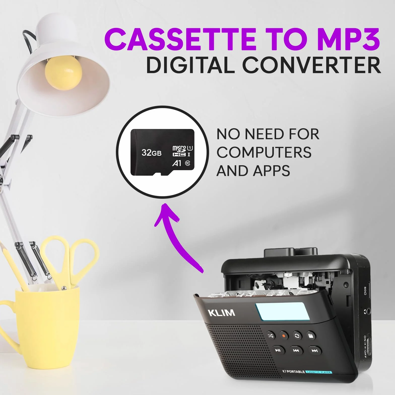 Odtwarzacz kasetowy Walkman KLIM K7 - odtwarzacz kasetowy - konwerter kasety audio na MP3 - wbudowany mikrofon i głośnik - akumulator - słuchawki - karta SD 32 GB